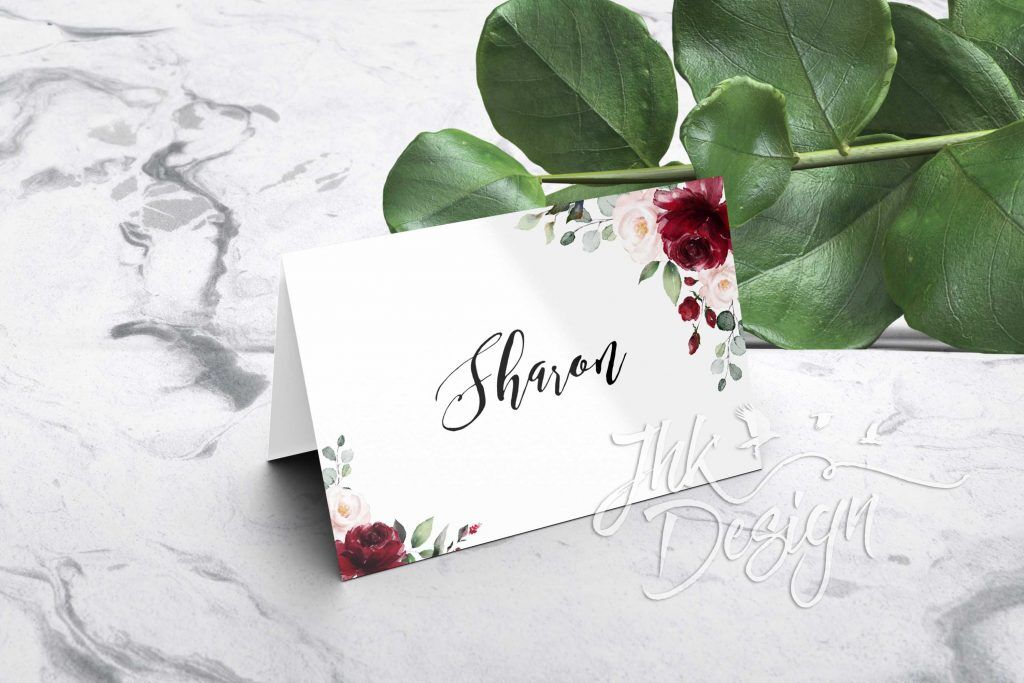 Folded Place card template - Burgandy Burgundy Floral Folded Wedding Place Cards - Double Sided