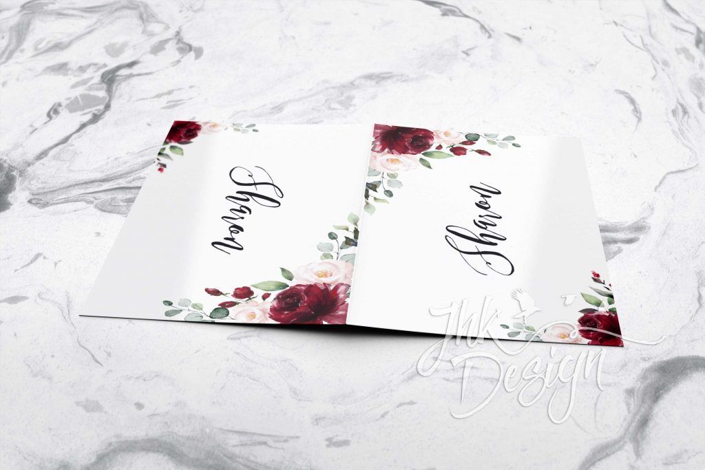 Folded Place card template2 - Burgandy Burgundy Floral Folded Wedding Place Cards - Double Sided